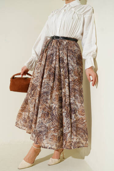 Bel Lastikli Desenli Kemerli Etek Kahve - Etek