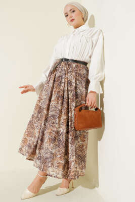 Bel Lastikli Desenli Kemerli Etek Kahve - Etek