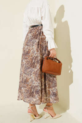 Bel Lastikli Desenli Kemerli Etek Kahve - Etek