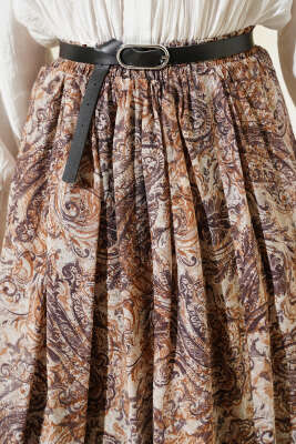 Bel Lastikli Desenli Kemerli Etek Kahve - Etek