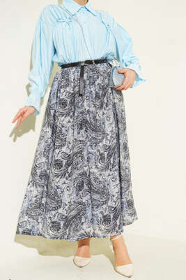 Bel Lastikli Desenli Kemerli Etek Lacivert - ASME