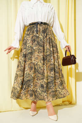 Bel Lastikli Desenli Kemerli Etek Sarı - ASME