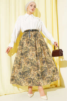 Bel Lastikli Desenli Kemerli Etek Sarı - Etek
