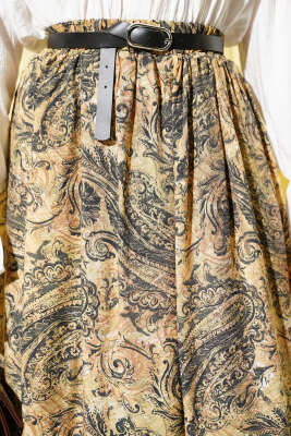 Bel Lastikli Desenli Kemerli Etek Sarı - Etek