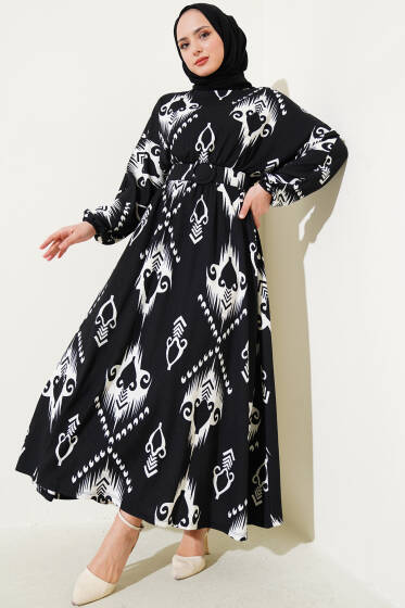 Bel Lastikli Desenli Mevlana Elbise Siyah - Elbise