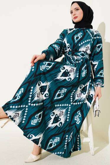 Bel Lastikli Desenli Mevlana Elbise Zümrüt - Elbise