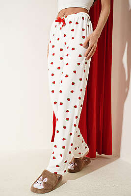Bel Lastikli Desenli Pijama Altı Beyaz Kırmızı 