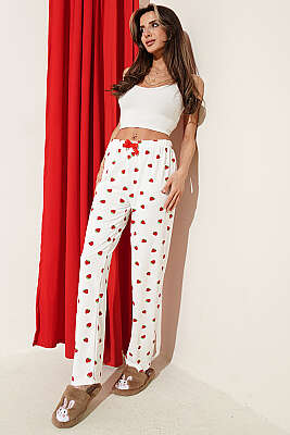 Bel Lastikli Desenli Pijama Altı Beyaz Kırmızı - Pijama