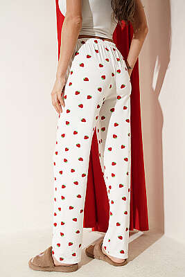 Bel Lastikli Desenli Pijama Altı Beyaz Kırmızı - Pijama