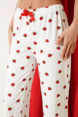 Bel Lastikli Desenli Pijama Altı Beyaz Kırmızı - Pijama