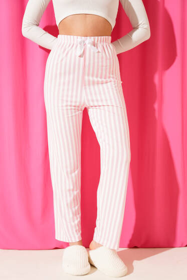 Bel Lastikli Desenli Pijama Altı Çizgili Pembe - Pijama
