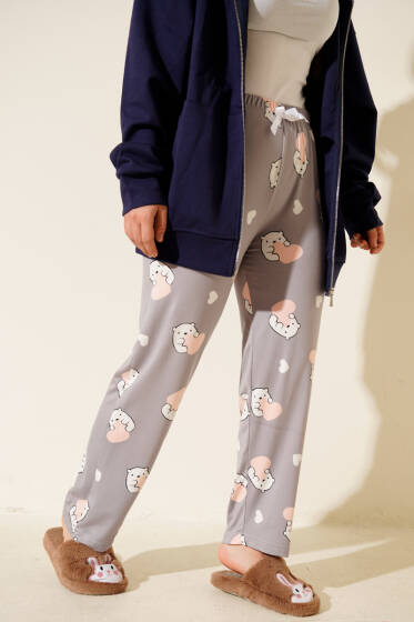 Bel Lastikli Desenli Pijama Altı Gri - Pijama