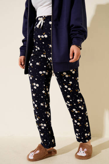 Bel Lastikli Desenli Pijama Altı Koyu Lacivert - Pijama