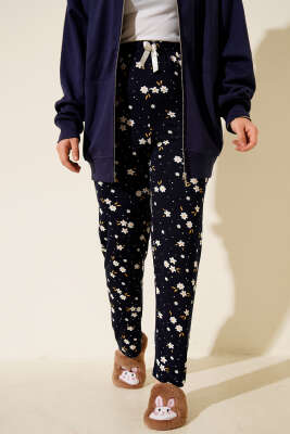 Bel Lastikli Desenli Pijama Altı Koyu Lacivert - Pijama