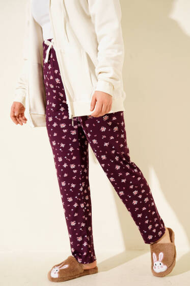 Bel Lastikli Desenli Pijama Altı Mürdüm - Pijama