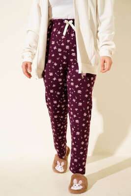 Bel Lastikli Desenli Pijama Altı Mürdüm - Pijama