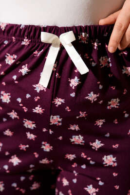 Bel Lastikli Desenli Pijama Altı Mürdüm - Pijama