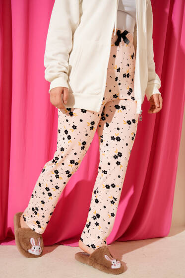 Bel Lastikli Desenli Pijama Altı Somon - Pijama