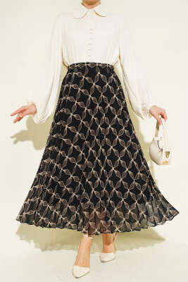 Bel Lastikli Desenli Pileli Etek Siyah - ESTELLE