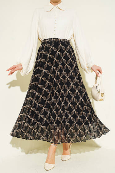 Bel Lastikli Desenli Pileli Etek Siyah - Etek