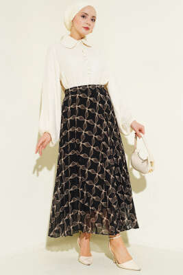 Bel Lastikli Desenli Pileli Etek Siyah - Etek
