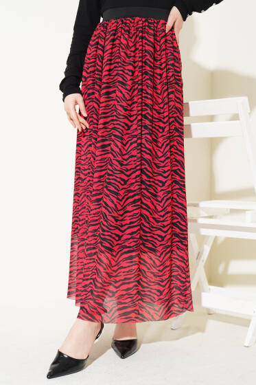 Bel Lastikli Desenli Şifon Etek Kırmızı - Etek