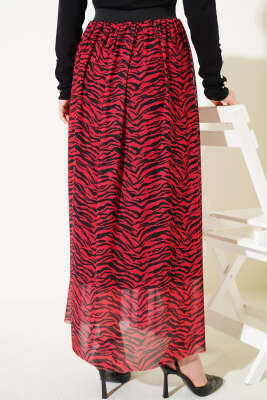 Bel Lastikli Desenli Şifon Etek Kırmızı - Uzun Etek