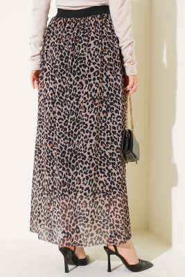 Bel Lastikli Desenli Şifon Etek Leopar - Uzun Etek