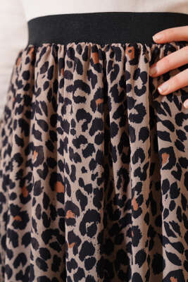 Bel Lastikli Desenli Şifon Etek Leopar - Uzun Etek