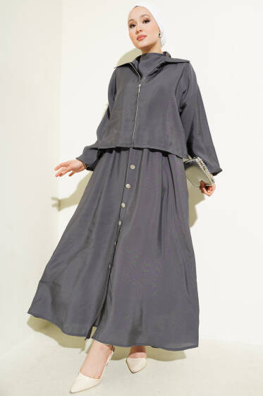 Bel Lastikli Düğme Detaylı Elbise Takım Füme - İkili Takım