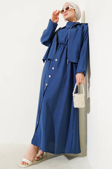 Bel Lastikli Düğme Detaylı Elbise Takım Lacivert - İkili Takım