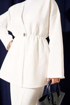 Bel Lastikli Düğme Detaylı İkili Takım Beyaz - İkili Takım