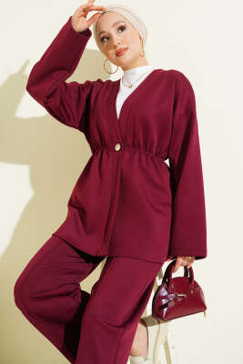 Bel Lastikli Düğme Detaylı İkili Takım Bordo - İkili Takım