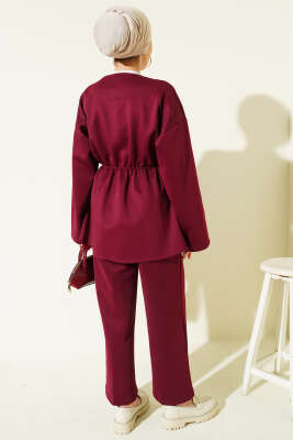 Bel Lastikli Düğme Detaylı İkili Takım Bordo - İkili Takım