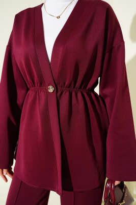 Bel Lastikli Düğme Detaylı İkili Takım Bordo - İkili Takım