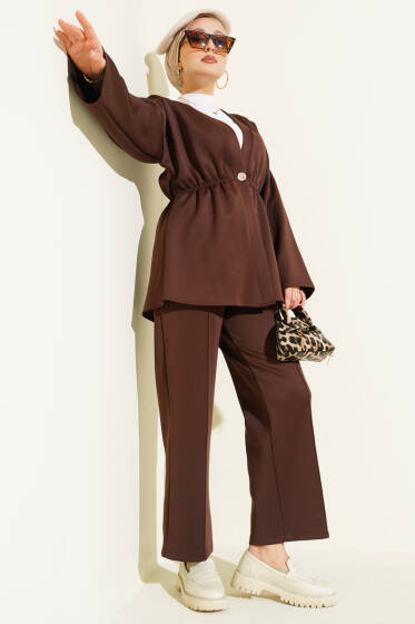 Bel Lastikli Düğme Detaylı İkili Takım Kahve - İkili Takım
