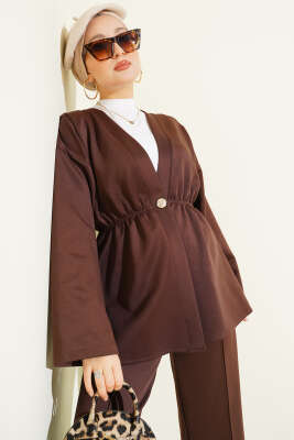 Bel Lastikli Düğme Detaylı İkili Takım Kahve - İkili Takım