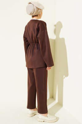 Bel Lastikli Düğme Detaylı İkili Takım Kahve - İkili Takım