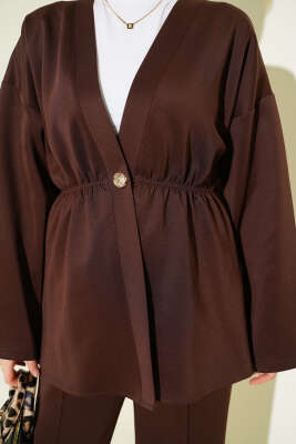 Bel Lastikli Düğme Detaylı İkili Takım Kahve - İkili Takım