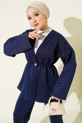 Bel Lastikli Düğme Detaylı İkili Takım Lacivert - İkili Takım