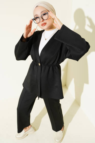 Bel Lastikli Düğme Detaylı İkili Takım Siyah - İkili Takım