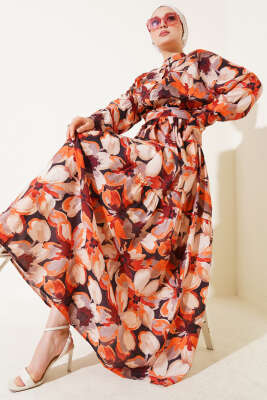 Bel Lastikli Düğmeli Çiçek Desen Elbise Bordo 