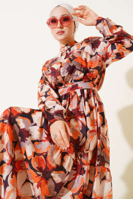 Bel Lastikli Düğmeli Çiçek Desen Elbise Bordo - Tesettür Elbise