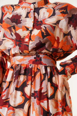 Bel Lastikli Düğmeli Çiçek Desen Elbise Bordo - Tesettür Elbise