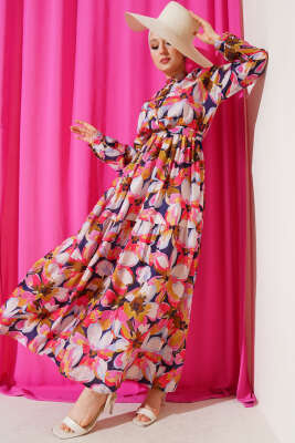 Bel Lastikli Düğmeli Çiçek Desen Elbise Fuşya