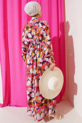 Bel Lastikli Düğmeli Çiçek Desen Elbise Fuşya - Tesettür Elbise