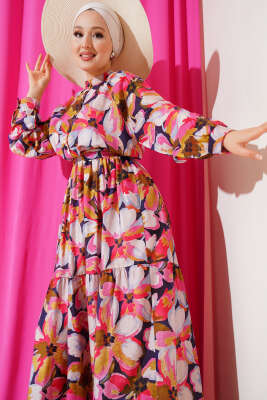 Bel Lastikli Düğmeli Çiçek Desen Elbise Fuşya - Tesettür Elbise