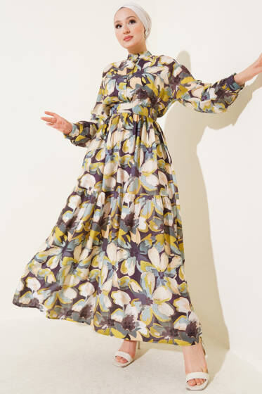 Bel Lastikli Düğmeli Çiçek Desen Elbise Yağ Yeşili - Elbise