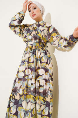 Bel Lastikli Düğmeli Çiçek Desen Elbise Yağ Yeşili - Tesettür Elbise