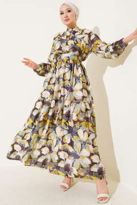 Bel Lastikli Düğmeli Çiçek Desen Elbise Yağ Yeşili - Tesettür Elbise